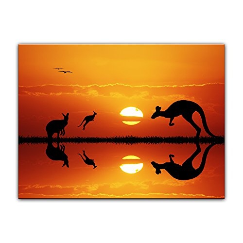 Wandbild Kängurus im Sonnenuntergang - 80x60 cm Bilder als Leinwanddruck Fotoleinwand Tierbild Australien - Beuteltier - Silhouetten von Kängurus