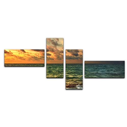 Wandbild - Tropical Sunset - Bild auf Leinwand 200 x 90 cm 4tlg - Leinwandbilder - Bilder als Leinwanddruck - Urlaub, Sonne & Meer - Küste - Sonnenuntergang in der Südsee