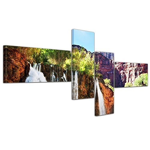 Wandbild - Tropischer Wasserfall - Bild auf Leinwand - 200x80 cm 4 teilig - Leinwandbilder - Landschaften - Amerika - Grand Canyon - Havasu Falls