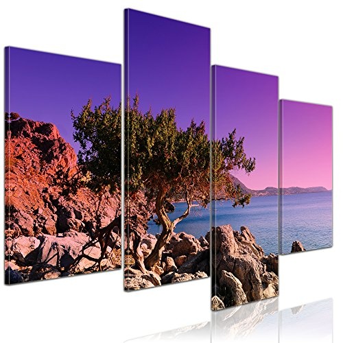 Wandbild - Mediterraner Baum auf Rhodos - Griechenland - Bild auf Leinwand auf 120x80 cm 4 teilig - Landschaften - Europa - violetter Sonnenuntergang über dem Mittelmeer
