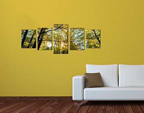 Wandbild - Blätterfall im Herbst - Bild auf Leinwand - 200x80 cm 5 teilig - Leinwandbilder - Landschaften - Wald - Park - Jahreszeit - Sonnenschein