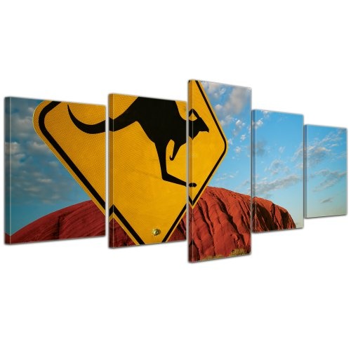 Wandbild - Ayers Rock - Australien - Bild auf Leinwand - 200x80 cm 5 teilig - Leinwandbilder - Landschaften - Nationalpark - Wüste - Berg - Symbol - Känguru