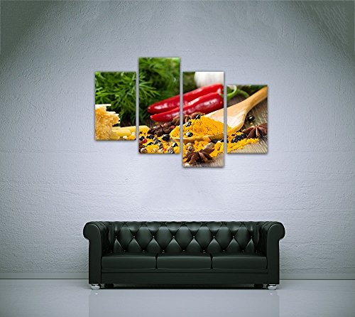 Wandbild - Pfeffer und Kurkuma - Gewürze - Bild auf Leinwand - 120x80 cm vierteilig - Leinwandbilder - Essen & Trinken - Sternanis, Kurkuma und Pfeffer auf dem Küchentisch