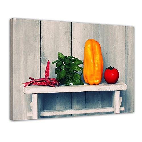 Wandbild - Paprika und Basilikum - Bild auf Leinwand - 80x60 cm einteilig - Leinwandbilder - Essen & Trinken - Gemüse und Kräuter auf Einem Brettchen