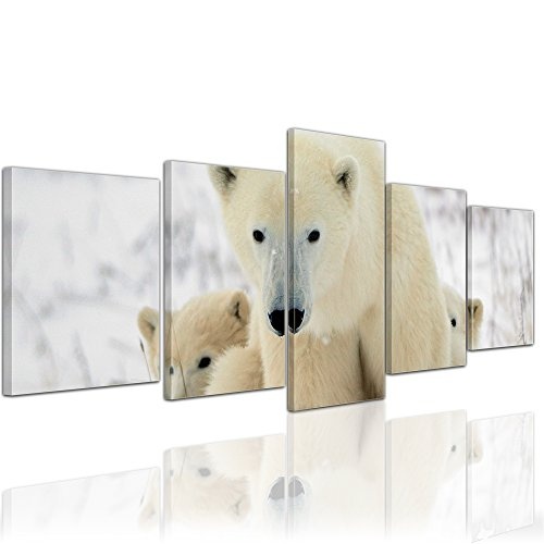 Wandbild - Eisbärin mit Jungen - Bild auf Leinwand - 200x80 cm 5 teilig - Leinwandbilder - Bilder als Leinwanddruck - Tierwelten - Wildtiere - Tiere der Arktis