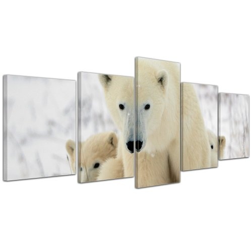 Wandbild - Eisbärin mit Jungen - Bild auf Leinwand - 200x80 cm 5 teilig - Leinwandbilder - Bilder als Leinwanddruck - Tierwelten - Wildtiere - Tiere der Arktis