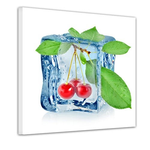 Keilrahmenbild - Eiswürfel Kirsche - Bild auf Leinwand - 80x80 cm - Leinwandbilder - Essen & Trinken - Obst - Frucht - Kälte