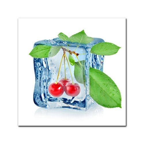 Keilrahmenbild - Eiswürfel Kirsche - Bild auf Leinwand - 80x80 cm - Leinwandbilder - Essen & Trinken - Obst - Frucht - Kälte