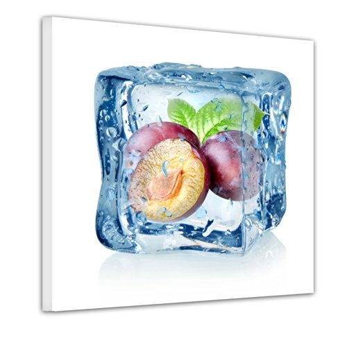 Keilrahmenbild - Eiswürfel Pflaume - Bild auf Leinwand - 80x80 cm - Leinwandbilder - Essen & Trinken - Obst - Frucht - Kälte