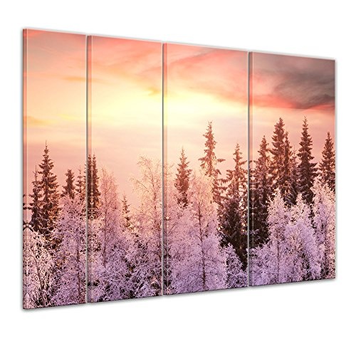 Keilrahmenbild - Winterwald - Bild auf Leinwand - 180x120 cm vierteilig - Leinwandbilder - Landschaften - Baumwipfel im Sonnenaufgang