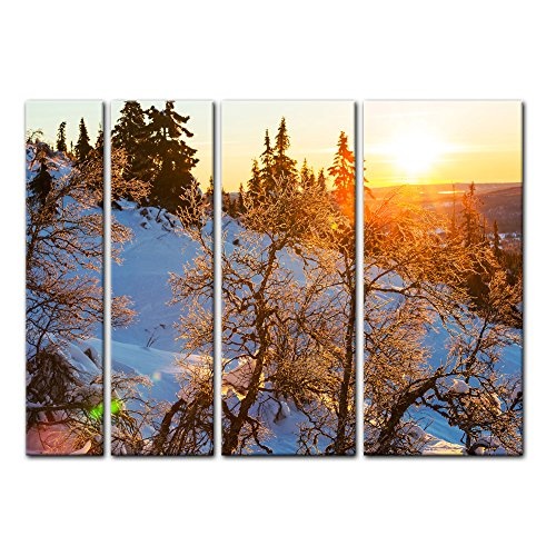 Keilrahmenbild - Gefrorene Bäume - Bild auf Leinwand - 180x120 cm vierteilig - Leinwandbilder - Landschaften - Winter - Sonnenaufgang