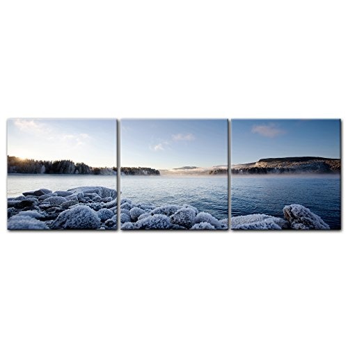 Wandbild - Winter Fjord - Bild auf Leinwand - 90x30 cm 3tlg - Leinwandbilder - Landschaften - Skandinavien - Gefrorene Küste - malerisch