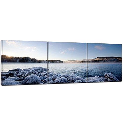 Wandbild - Winter Fjord - Bild auf Leinwand - 90x30 cm 3tlg - Leinwandbilder - Landschaften - Skandinavien - Gefrorene Küste - malerisch