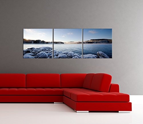 Wandbild - Winter Fjord - Bild auf Leinwand - 90x30 cm 3tlg - Leinwandbilder - Landschaften - Skandinavien - Gefrorene Küste - malerisch