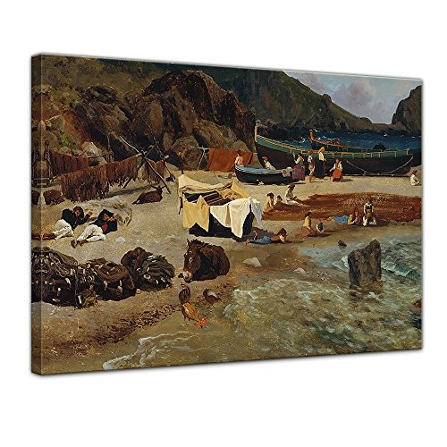 Leinwandbild Albert Bierstadt Fishing Boats at Capri - 120x90cm quer - Alte Meister Keilrahmenbild Leinwandbild Alte Meister Gemälde Kunstdruck Bild auf Leinwand