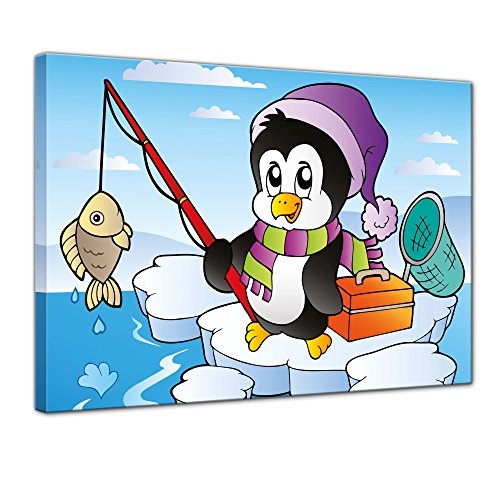 Keilrahmenbild - Kinderbild fischender Pinguin - Bild auf Leinwand - 120x90 cm einteilig - Leinwandbilder - Kinder - Kleiner Pinguin angelt auf Einer Eisscholle