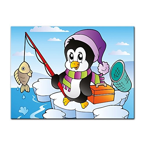 Keilrahmenbild - Kinderbild fischender Pinguin - Bild auf Leinwand - 120x90 cm einteilig - Leinwandbilder - Kinder - Kleiner Pinguin angelt auf Einer Eisscholle