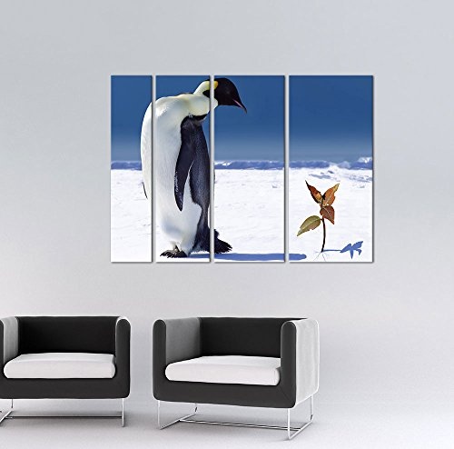 Keilrahmenbild - Pinguin mit Blume - Bild auf Leinwand 180 x 120 cm 4tlg - Leinwandbilder - Bilder als Leinwanddruck - Tierwelten - Tiere der Arktis - Natur - Kaiserpinguin am Südpol