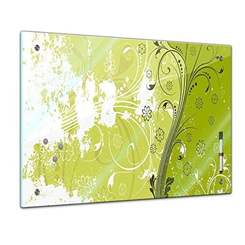 Bilderdepot24 Memoboard 60 x 40 cm, Interieur - Florales Muster I - Memotafel Pinnwand - Blume - grafisch - grün - Darstellung - Küche - Glasbild - Handmade