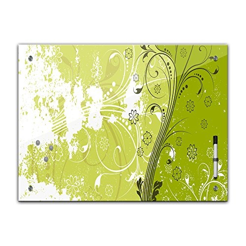 Bilderdepot24 Memoboard 60 x 40 cm, Interieur - Florales Muster I - Memotafel Pinnwand - Blume - grafisch - grün - Darstellung - Küche - Glasbild - Handmade