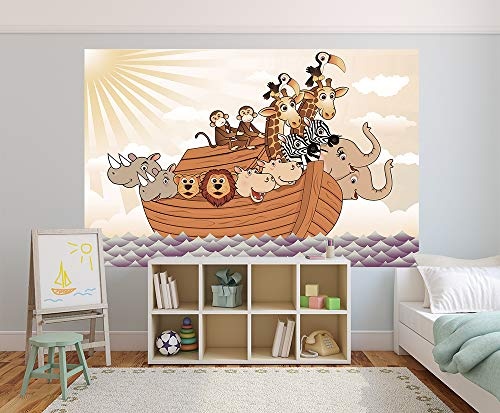 Fototapete selbstklebend Arche Noah Cartoon - Vintage - 155x100 cm - Designtapete Wallpaper Print - Kita Mädchenzimmer Jungenzimmer Baby Kinderposter