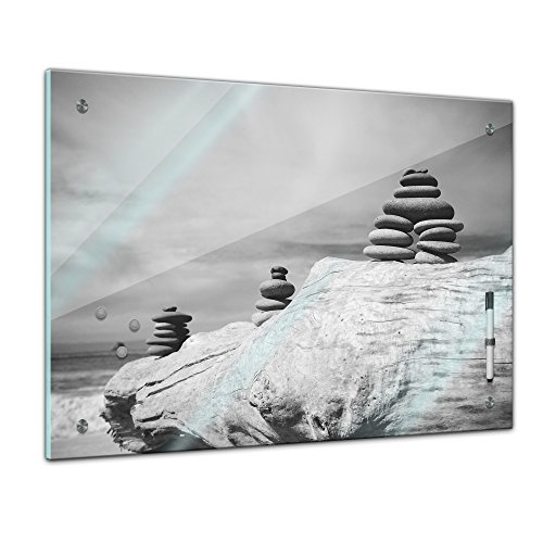 Memoboard - 60 x 40 cm, Geist & Seele - Zen Steine sw - Memotafel Pinnwand - Ruhe - Kraft - Relaxen - Spa - Entspannen - Glasbild - Handmade - Stein - Steinbild - Steinhaufen - schwarz weiß