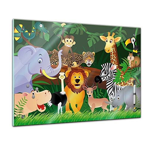 Memoboard 80 x 60 cm, Kindermotiv - Wilde Tiere im Dschungel - Memotafel Pinnwand - Mädchen & Jungen - Dekoration - Kinderzimmer - Kinderbild - Kindermotiv - Dschungel - Tiere im Dschungel