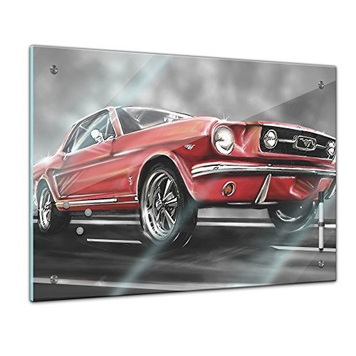 Bilderdepot24 Memoboard 60 x 40 cm, Männermotive - Mustang Graphic - Memotafel Pinnwand - Ford Mustang - Sportwagen - Auto - rot - roter Mustang - Retro - Küche - Esszimmer - Glasbild - Handmade