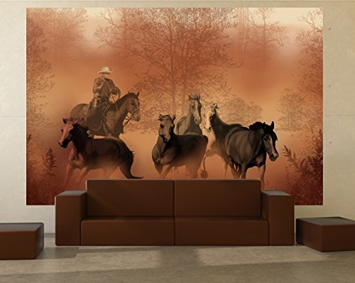 Fototapete selbstklebend Cowboy mit Pferden - 225x150 cm - Wandtapete - Poster - Dekoration - Wandbild - Wandposter - Bild - Wandbilder - Wanddeko