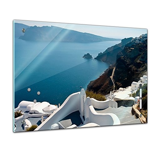 Bilderdepot24 Memoboard 80 x 60 cm, Reisen & Städte - Santorini - Memotafel Pinnwand - Griechenland - Tourismus - Urlaub - Travel - City - Küche - Esszimmer - Glasbild - Handmade
