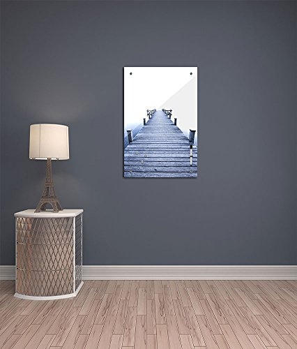 Memoboard - 60 x 80 cm, Landschaft - Steg blau - Memotafel Pinnwand - Natur - Bild mit Steg - See - Wasser - Weiss - Ausblick - Seeblick - Glasbild - Wohnzimmer - Esszimmer - Schlafzimmer