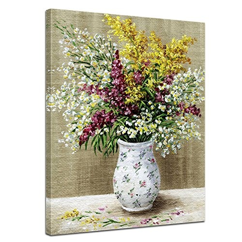 Wandbild - Stillleben - Wildblumen in weisser Vase - Bild auf Leinwand 40 x 50 cm einteilig - Leinwandbilder - Bilder als Leinwanddruck - Pflanzen & Blumen - Malerei - Strauß aus Wiesenblumen