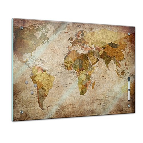 Memoboard 60 x 40 cm, Interieur - Weltkarte Retro - Memotafel Pinnwand - Welt - Ansicht - Landkarte - Land - Ozean - World Map - Karte - Geographie - Globus - Wohnzimmer - Küche - Handmade