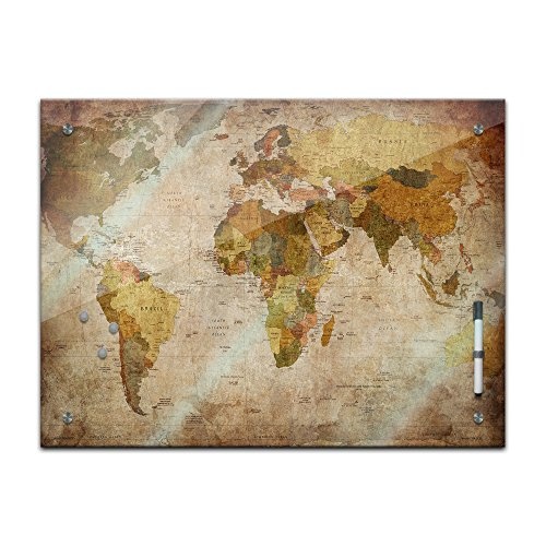 Memoboard 60 x 40 cm, Interieur - Weltkarte Retro - Memotafel Pinnwand - Welt - Ansicht - Landkarte - Land - Ozean - World Map - Karte - Geographie - Globus - Wohnzimmer - Küche - Handmade