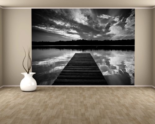 Bilderdepot24 selbstklebende Fototapete "Sonnenuntergang mit Steg - schwarz/weiß" 155 x 100 cm - direkt vom Hersteller, Vinyl