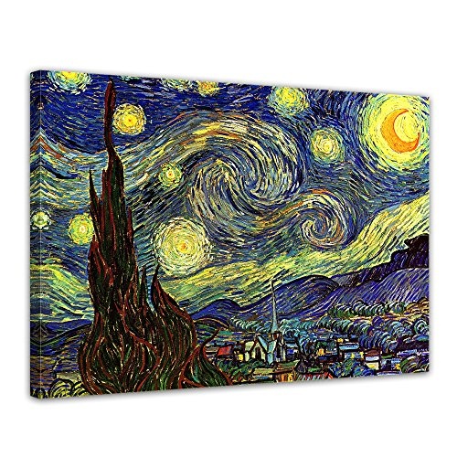 Leinwandbild Vincent Van Gogh Sternennacht - 80x60cm quer - Wandbild Alte Meister Kunstdruck Bild auf Leinwand Berühmte Gemälde