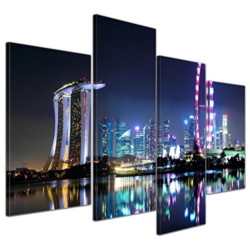 Wandbild - Singapur bei Nacht - Bild auf Leinwand - 120x80 cm 4 teilig - Leinwandbilder - Städte & Kulturen - Asien - Skyline - Hotel Marina Bay Sands - Singapore Flyer - Riesenrad