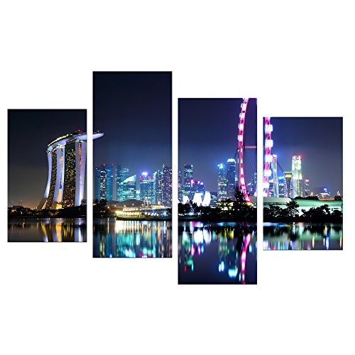 Wandbild - Singapur bei Nacht - Bild auf Leinwand -...