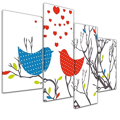 Wandbild - Verliebte Vögel - Bild auf Leinwand - 120x80 cm vierteilig - Leinwandbilder - Urban & Graphic - Kinder - Liebespaar im Baum - Herzen - grafisch