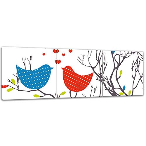 Wandbild - Verliebte Vögel - Bild auf Leinwand - 120x40 cm dreiteilig - Leinwandbilder - Urban & Graphic - Kinder - Liebespaar im Baum - Herzen - grafisch