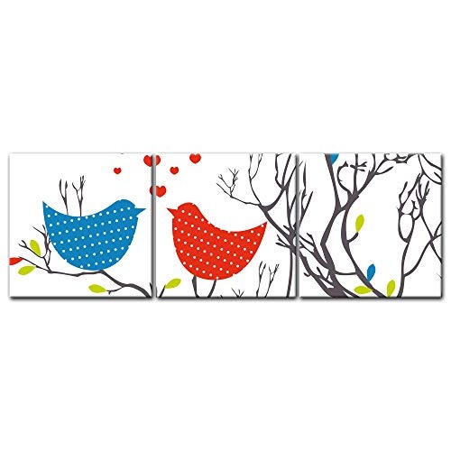 Wandbild - Verliebte Vögel - Bild auf Leinwand - 120x40 cm dreiteilig - Leinwandbilder - Urban & Graphic - Kinder - Liebespaar im Baum - Herzen - grafisch