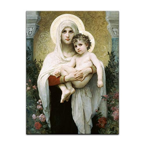 Leinwandbild William-Adolphe Bouguereau Madonna vor Rosen - 40x50cm hochkant - Wandbild Alte Meister Kunstdruck Bild auf Leinwand Berühmte Gemälde