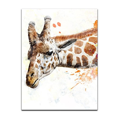 Wandbild - Aquarell - Giraffe III - Bild auf Leinwand 60 x 80 cm einteilig - Leinwandbilder - Bilder als Leinwanddruck - Tierwelten - Malerei - Afrika - Kopf Einer Giraffe