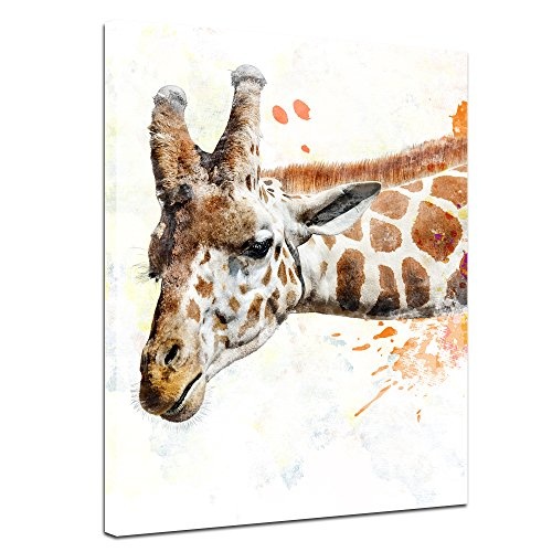 Wandbild - Aquarell - Giraffe III - Bild auf Leinwand 60 x 80 cm einteilig - Leinwandbilder - Bilder als Leinwanddruck - Tierwelten - Malerei - Afrika - Kopf Einer Giraffe