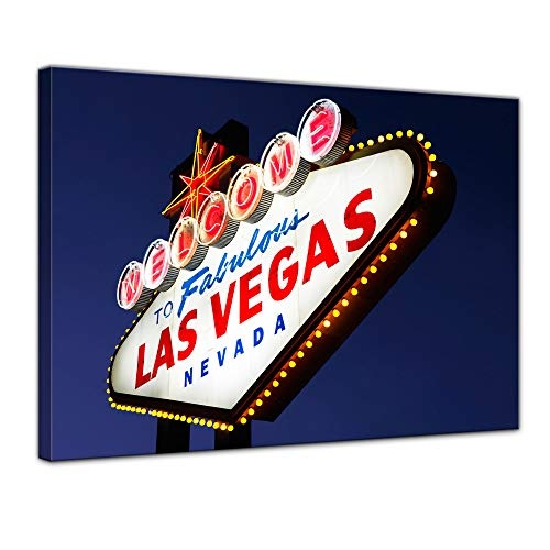 Wandbild - Las Vegas - Bild auf Leinwand - 40 x 30 cm - Leinwandbilder - Bilder als Leinwanddruck - Städte & Kulturen - Amerika - beleuchtetes Welcome Schild