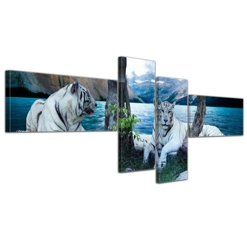 Wandbild - Tiger II - Bild auf Leinwand - 200x80 cm 4 teilig - Leinwandbilder - Bilder als Leinwanddruck - Tierwelten - Wildtiere - Grosskatzen - Zwei weiße Tiger