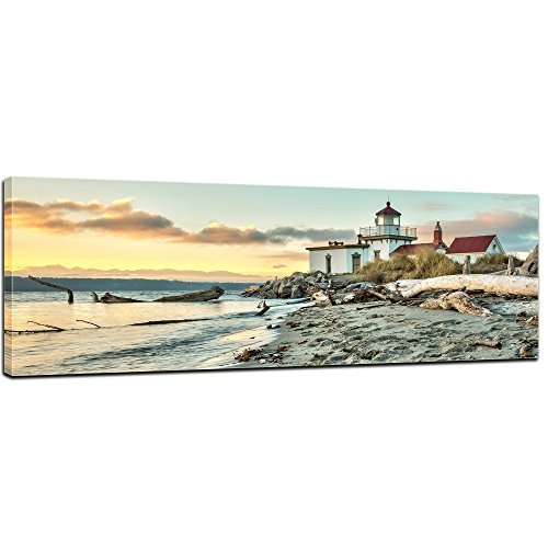 Wandbild - West Point Leuchtturm bei Seattle - Bild auf Leinwand - 90x30 cm - Leinwandbilder - Landschaften - Amerika - Discovery Park - Strand im Sonnenaufgang