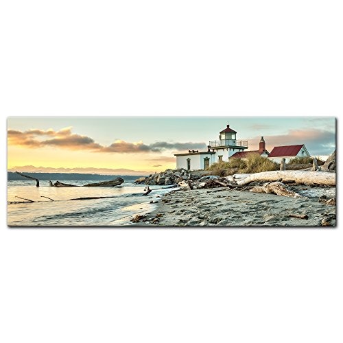 Wandbild - West Point Leuchtturm bei Seattle - Bild auf Leinwand - 90x30 cm - Leinwandbilder - Landschaften - Amerika - Discovery Park - Strand im Sonnenaufgang