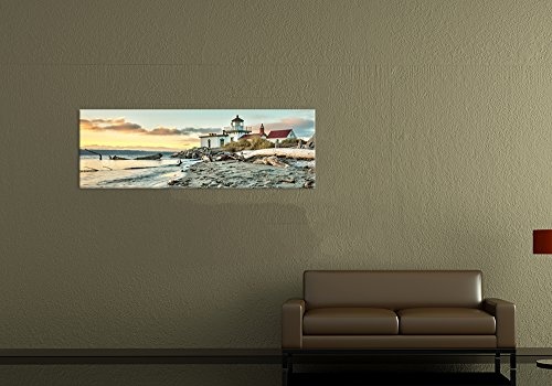 Wandbild - West Point Leuchtturm bei Seattle - Bild auf Leinwand - 90x30 cm - Leinwandbilder - Landschaften - Amerika - Discovery Park - Strand im Sonnenaufgang