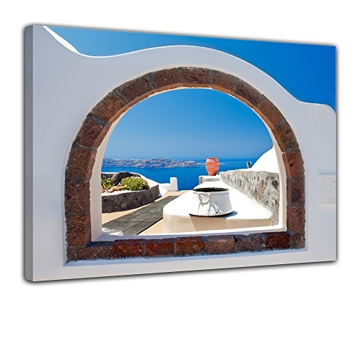 Wandbild - Window to Paradise - Fenster zum Paradies - Bild auf Leinwand - 80x60 cm - Leinwandbilder - Urlaub, Sonne & Meer - Santorin - Griechenland - Ausblick auf die Ägäis - mediterran